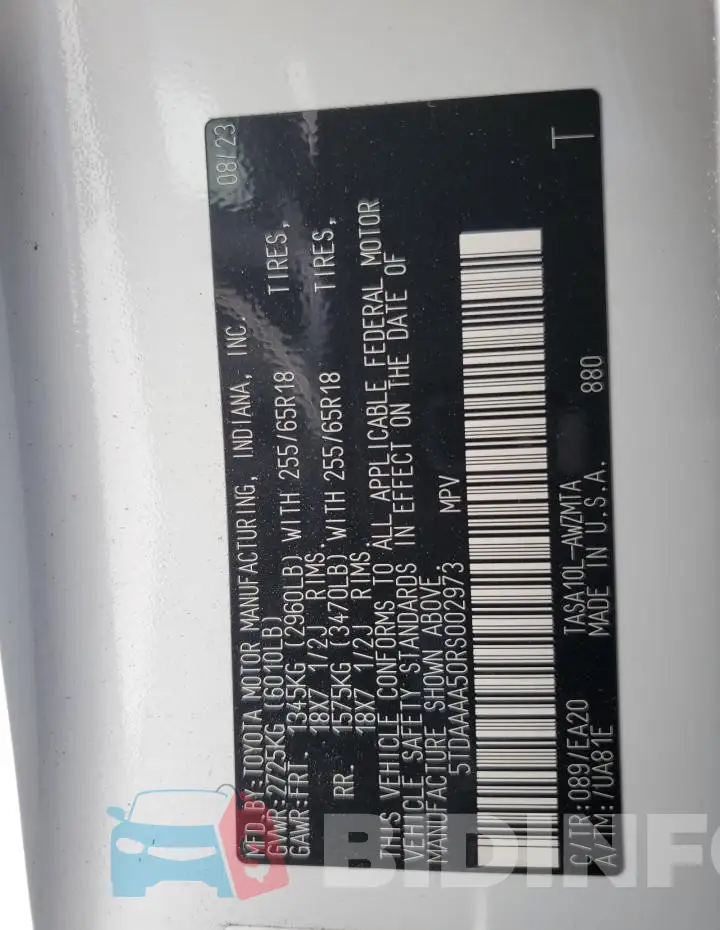 5TDAAAA50RS002973 Photo# 13