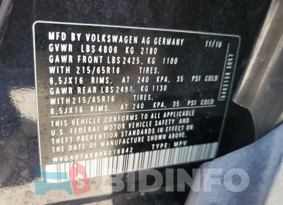 WVGAV7AX8HK016842 Photo# 13