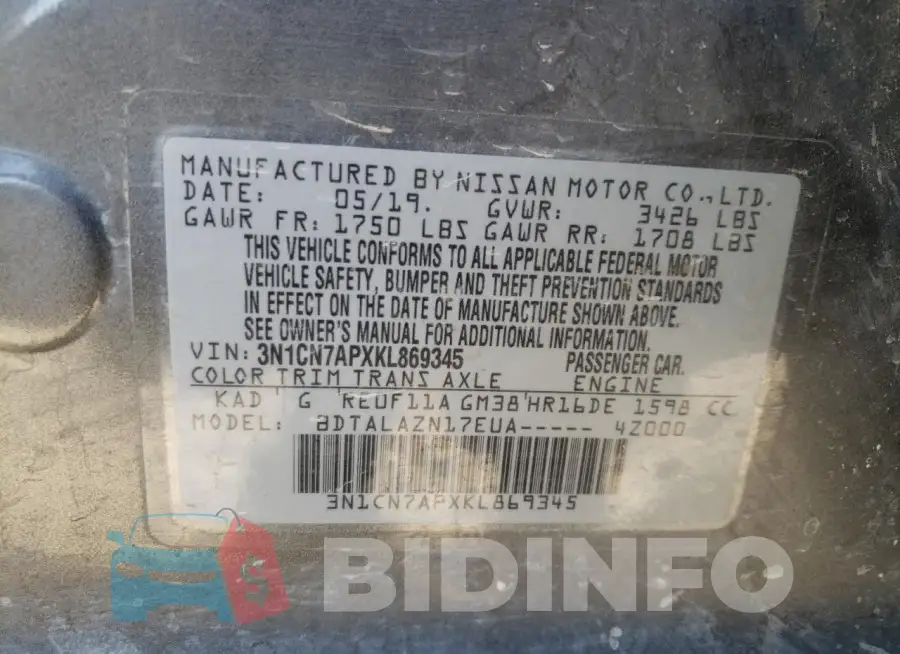 3N1CN7APXKL869345 Photo# 12