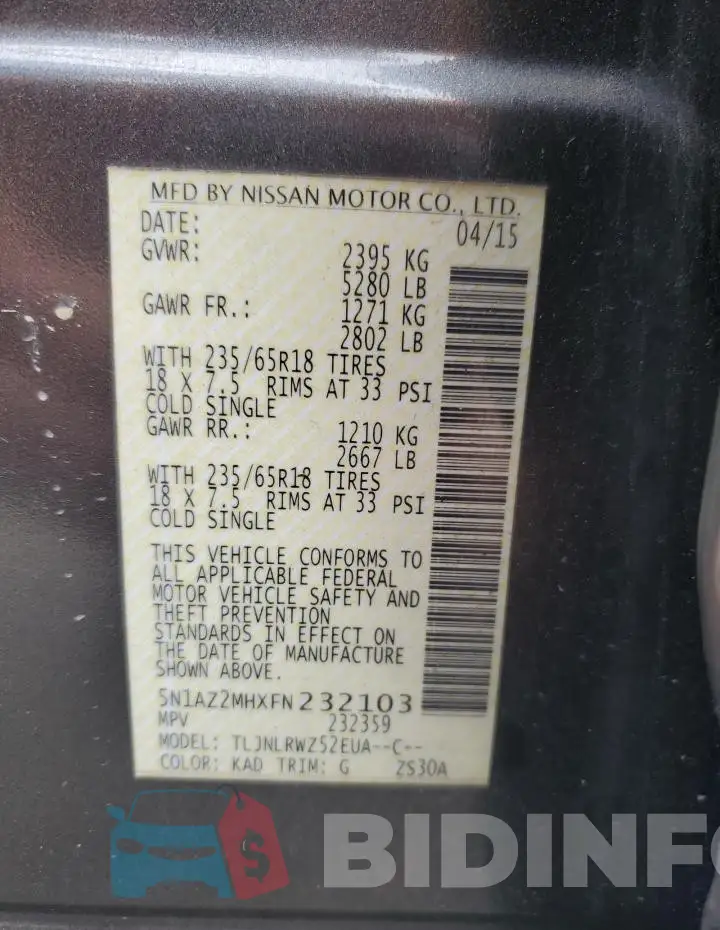 5N1AZ2MHXFN232103 Photo# 13