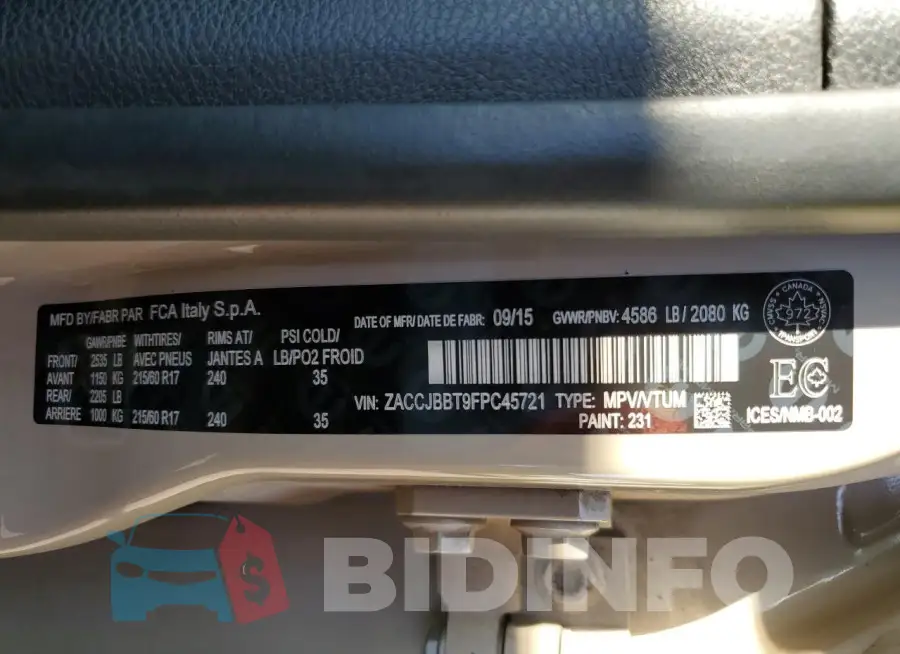 ZACCJBBT9FPC45721 Photo# 13