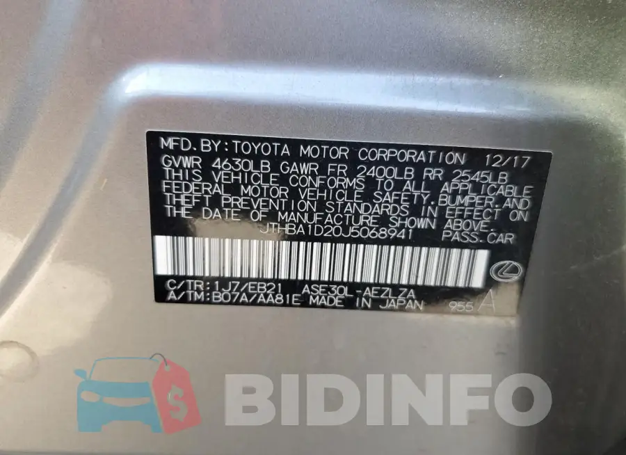 JTHBA1D20J5068941 Photo# 12