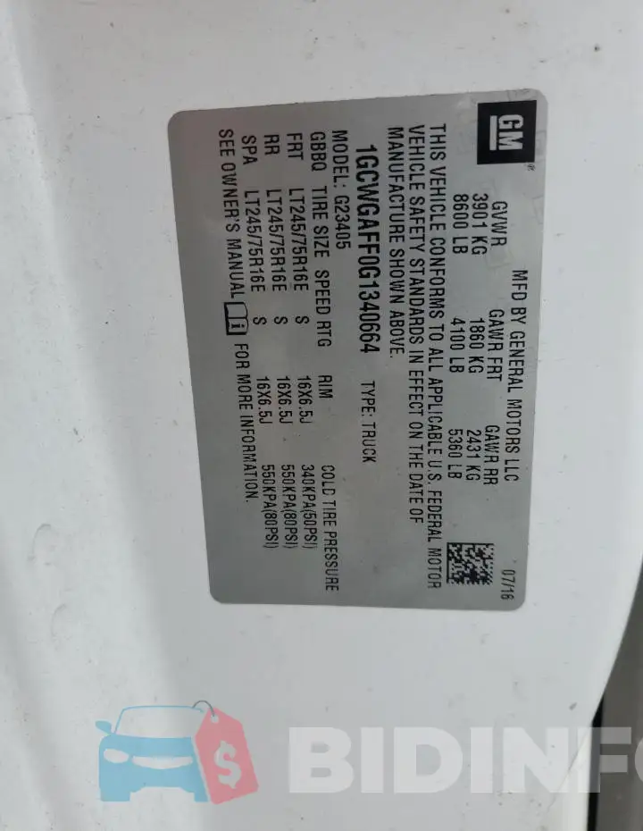 1GCWGAFF0G1340664 Photo# 13