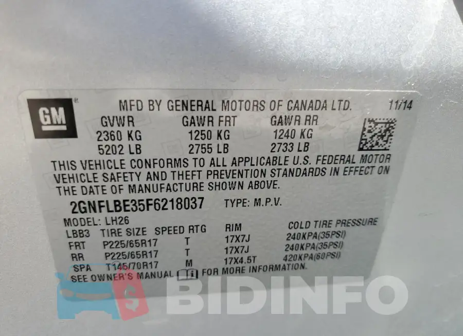 2GNFLBE35F6218037 Photo# 13