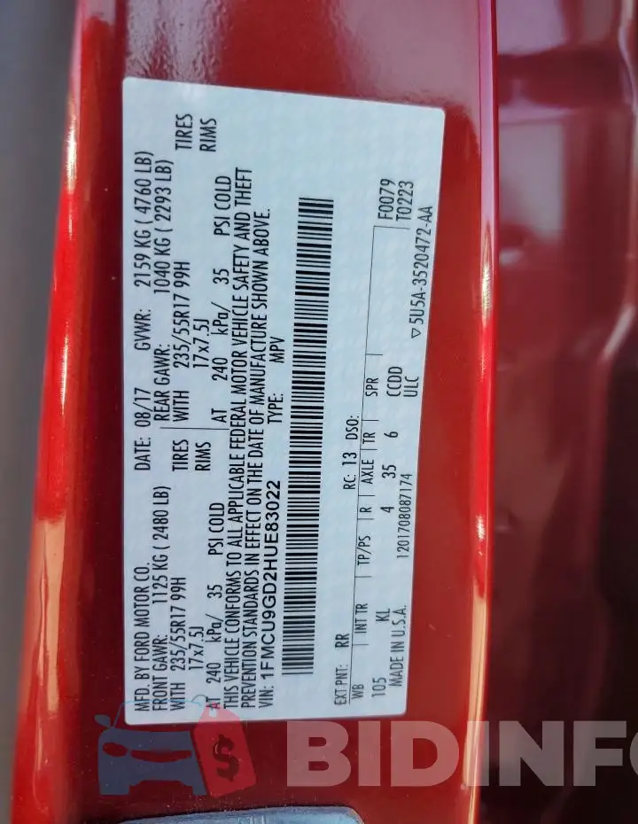 1FMCU9GD2HUE83022 Photo# 13
