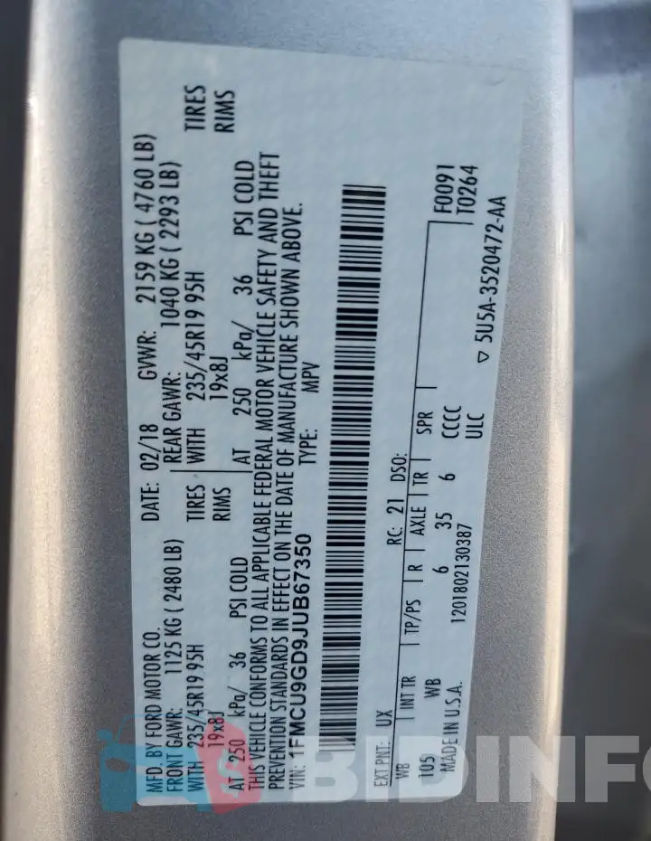 1FMCU9GD9JUB67350 Photo# 13