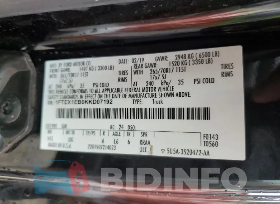 1FTEX1EB0KKD07192 Photo# 13