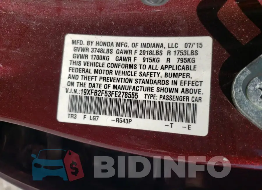 19XFB2F53FE278555 Photo# 12