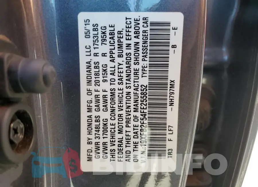 19XFB2F54FE255852 Photo# 12
