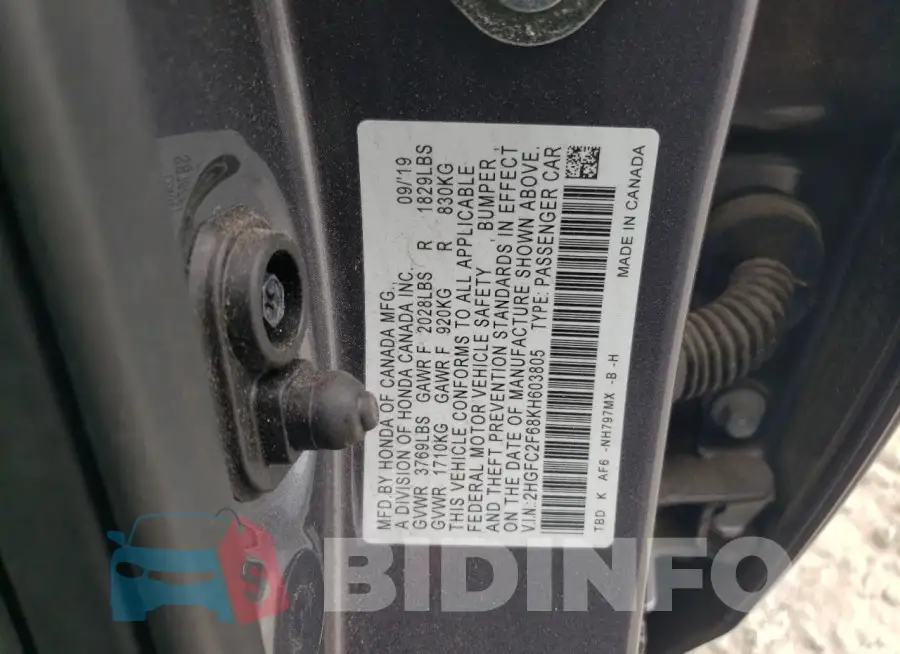 2HGFC2F68KH603805 Photo# 12
