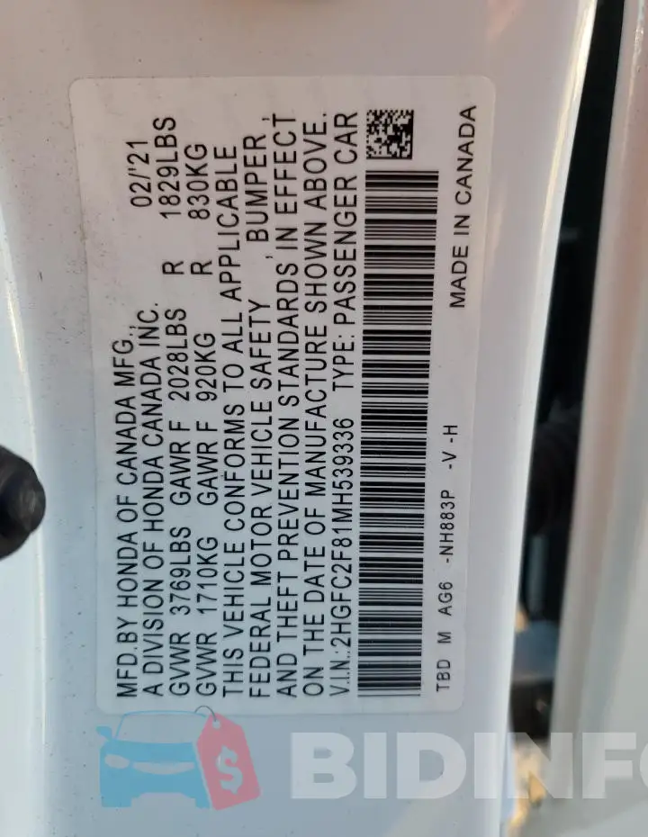 2HGFC2F81MH539336 Photo# 13