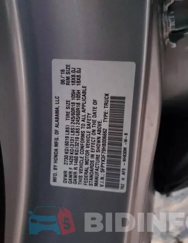 5FPYK3F79HB006662 Photo# 13
