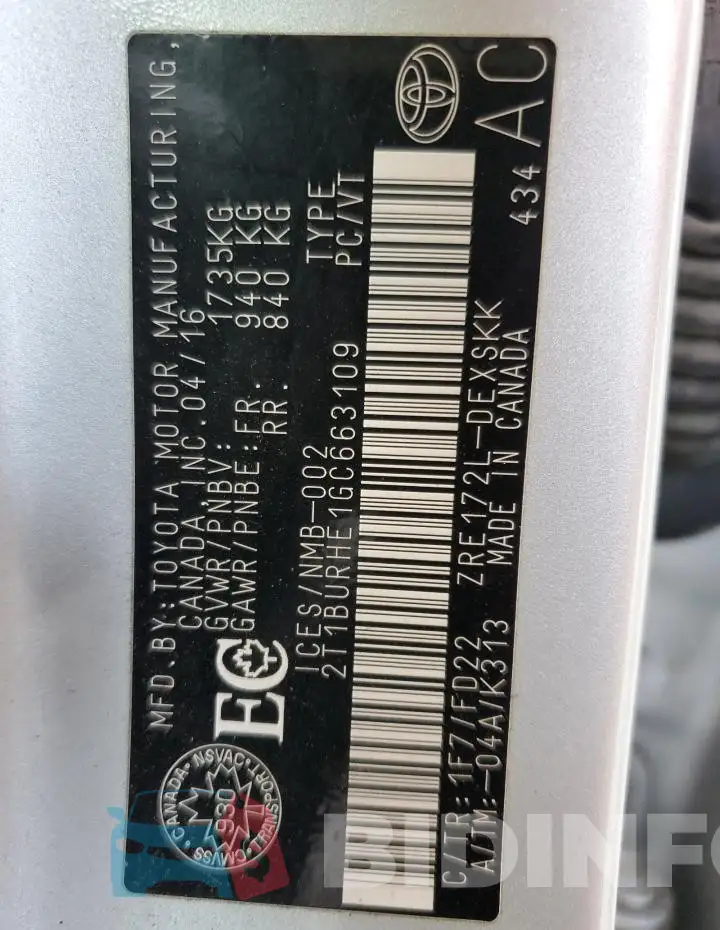 2T1BURHE1GC663109 Photo# 12