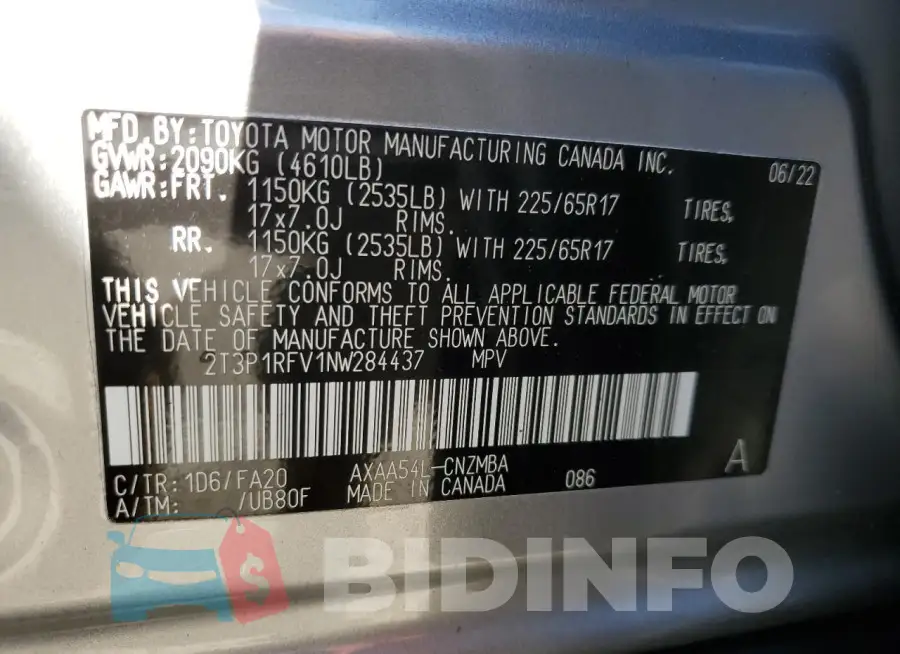 2T3P1RFV1NW284437 Photo# 13