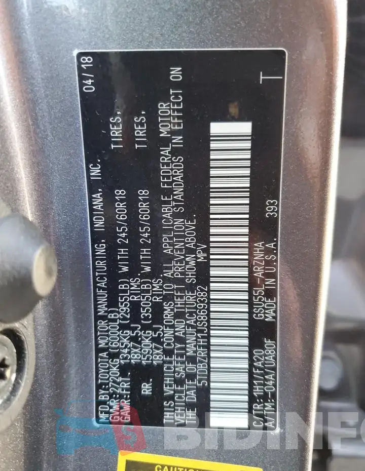 5TDBZRFH1JS869382 Photo# 13