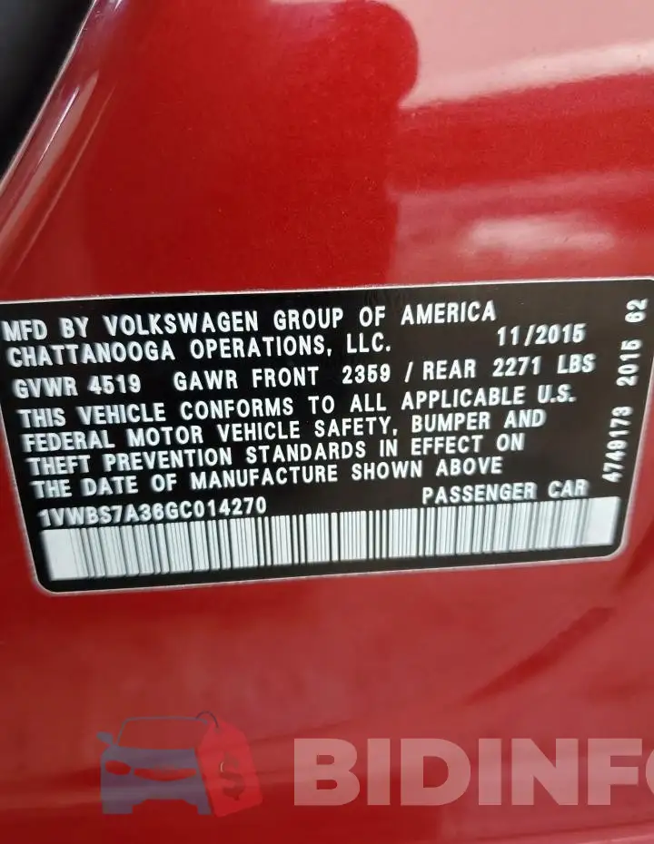 1VWBS7A36GC014270 Photo# 12
