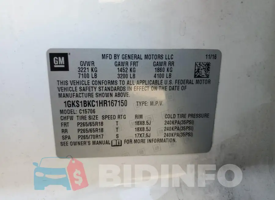 1GKS1BKC1HR167150 Photo# 14