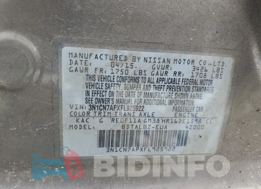 3N1CN7APXFL925922 Photo# 12