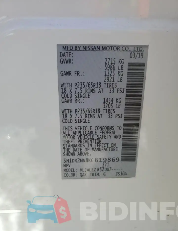 5N1DR2MN8KC619869 Photo# 13