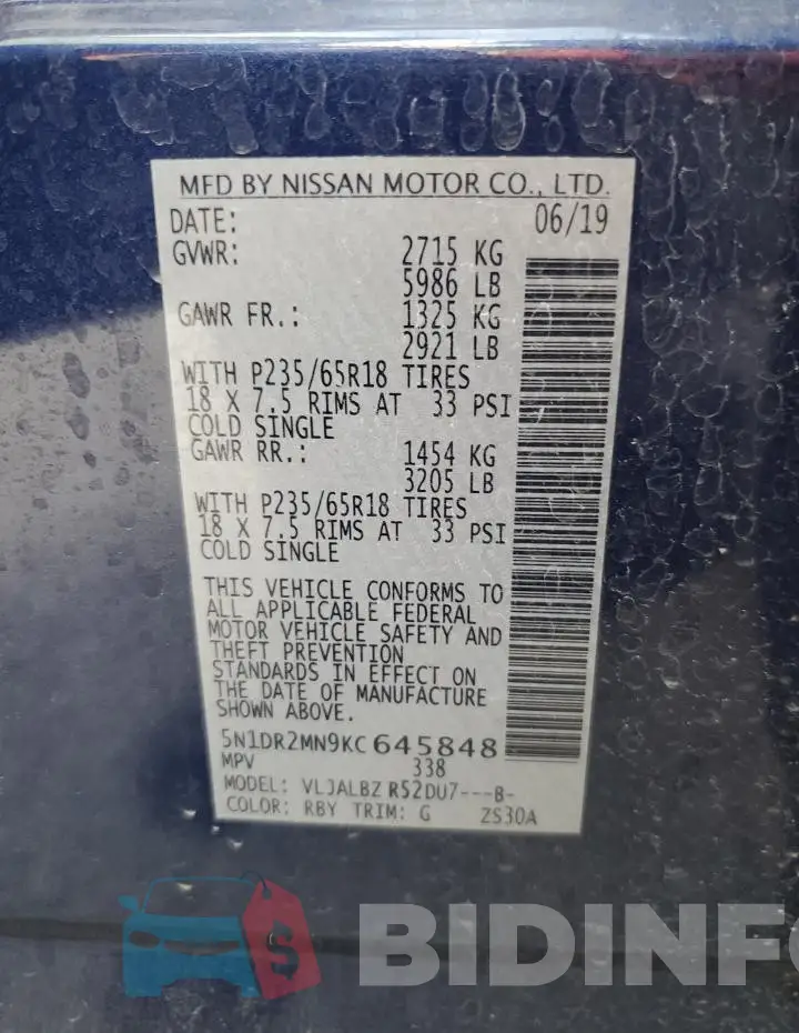 5N1DR2MN9KC645848 Photo# 13