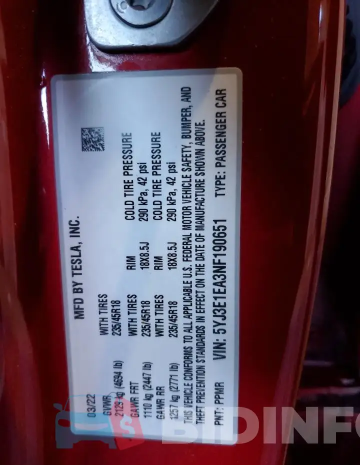 5YJ3E1EA3NF190651 Photo# 12