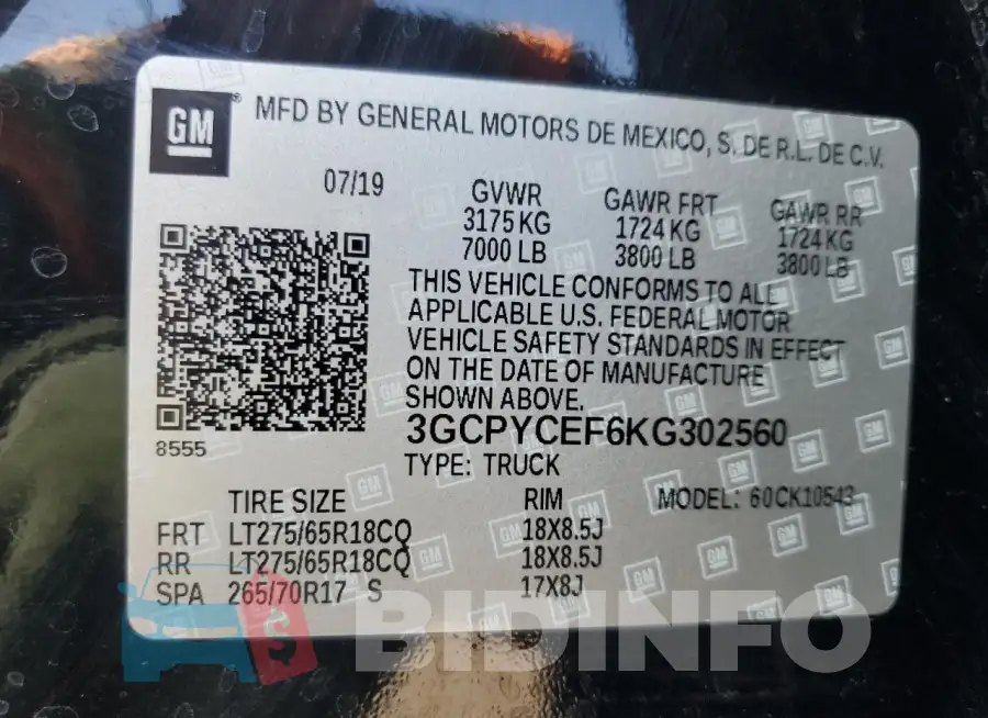 3GCPYCEF6KG302560 Photo# 13