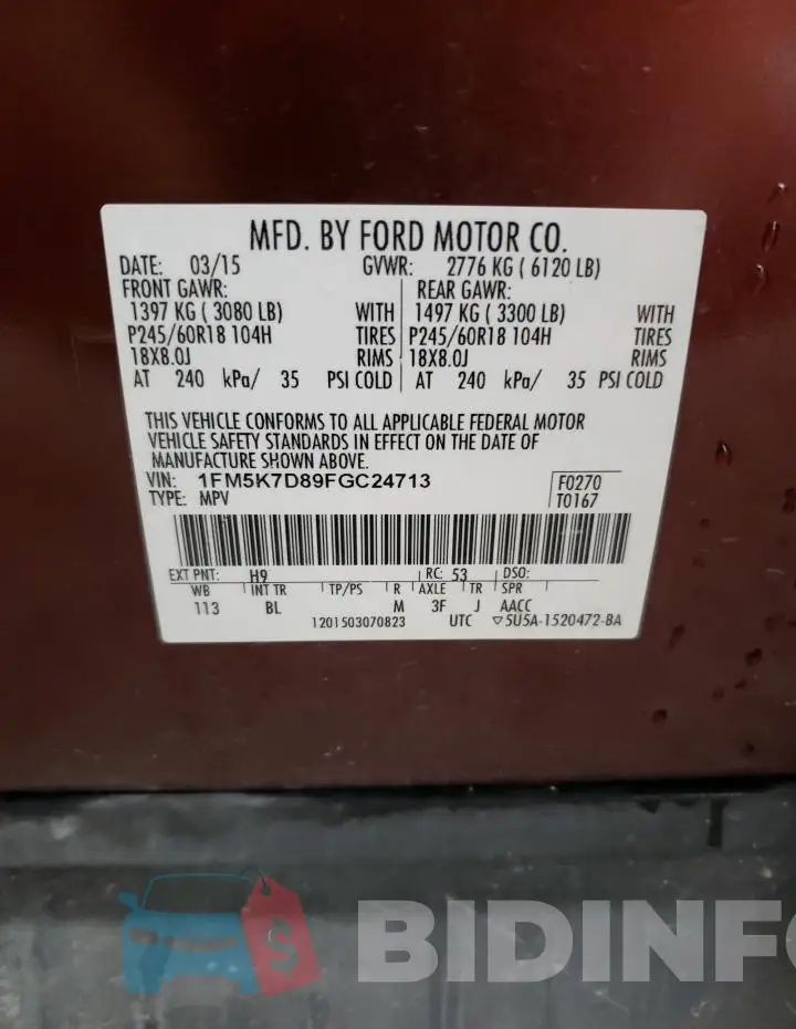 1FM5K7D89FGC24713 Photo# 14