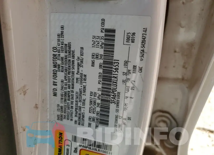 3FA6P0LUXLR156531 Photo# 12