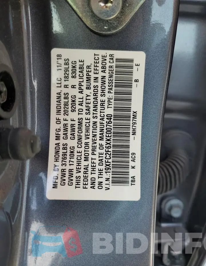 19XFC2F6XKE007640 Photo# 13