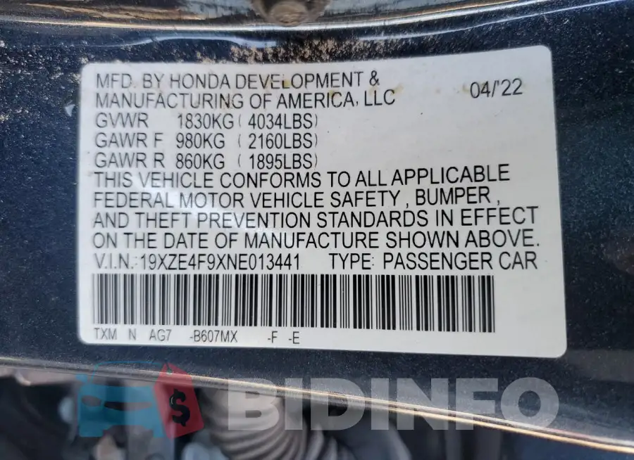 19XZE4F9XNE013441 Photo# 12