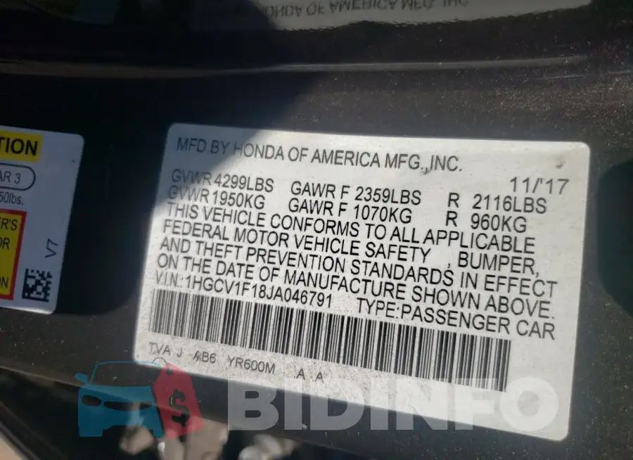 1HGCV1F18JA046791 Photo# 13