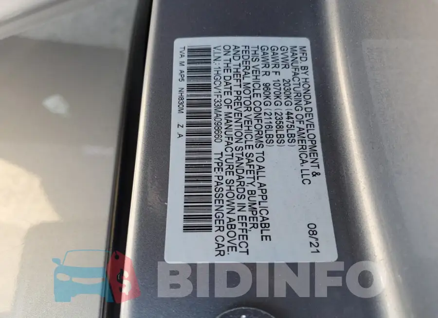 1HGCV1F33MA098660 Photo# 12