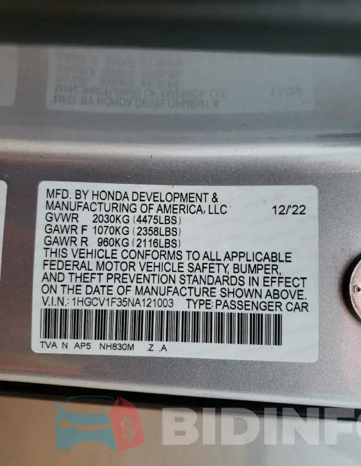 1HGCV1F35NA121003 Photo# 12