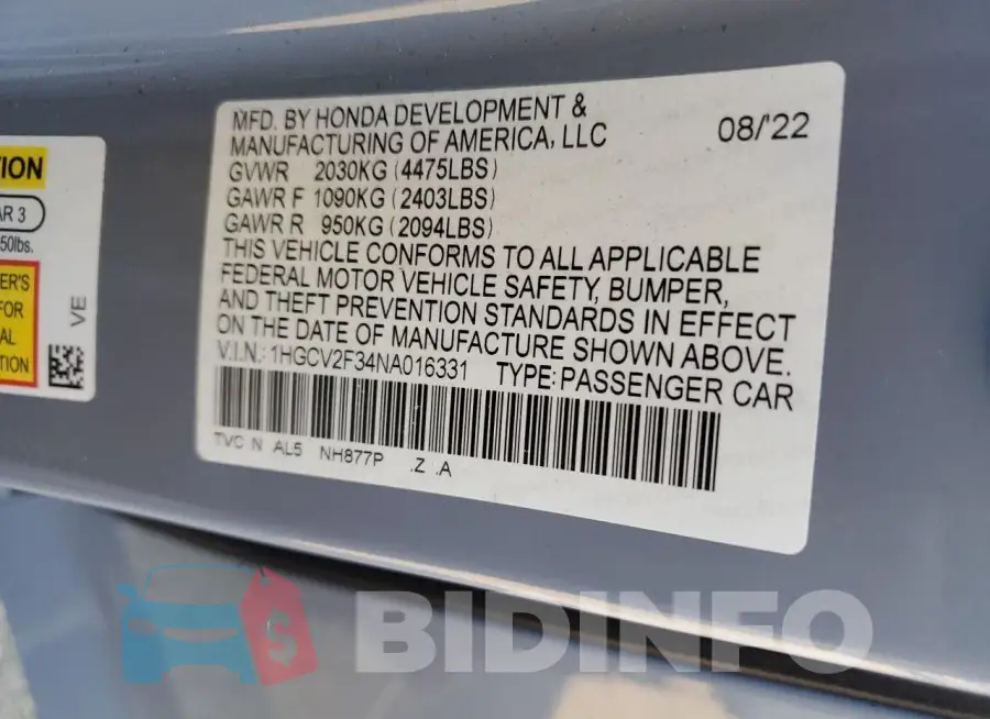 1HGCV2F34NA016331 Photo# 12
