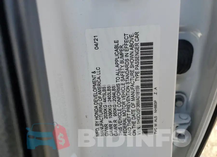 1HGCV2F38MA018159 Photo# 12