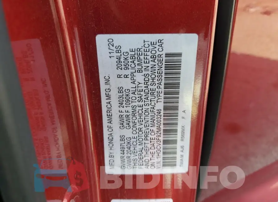 1HGCV3F92MA003246 Photo# 12