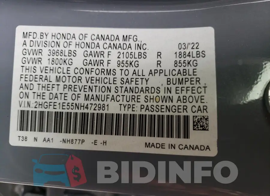 2HGFE1E55NH472981 Photo# 13