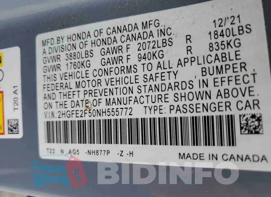2HGFE2F50NH555772 Photo# 13