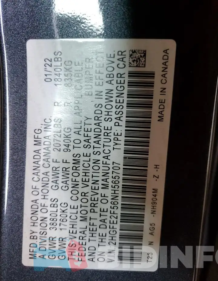 2HGFE2F56NH565707 Photo# 12