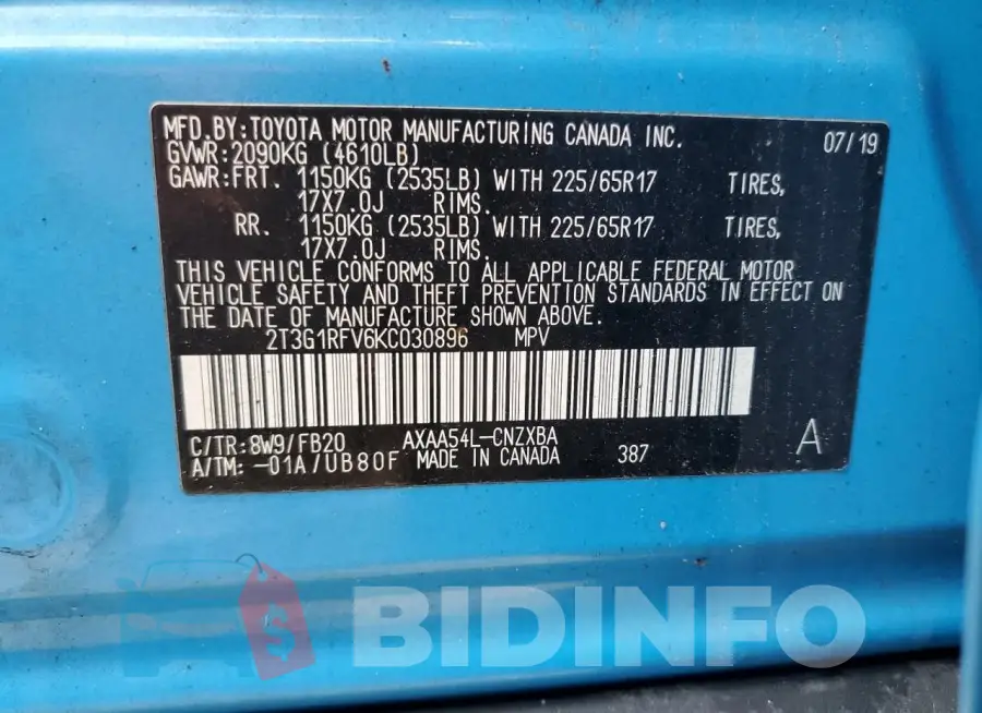 2T3G1RFV6KC030896 Photo# 13