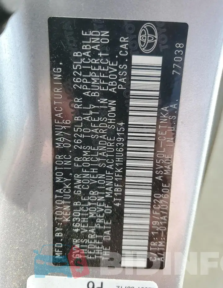 4T1BF1FK1HU639154 Photo# 12