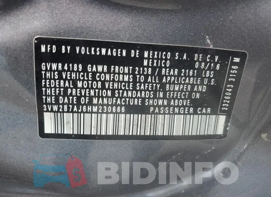 3VW2B7AJ6HM230666 Photo# 12
