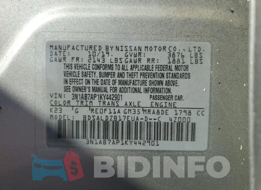 3N1AB7AP1KY442901 Photo# 12