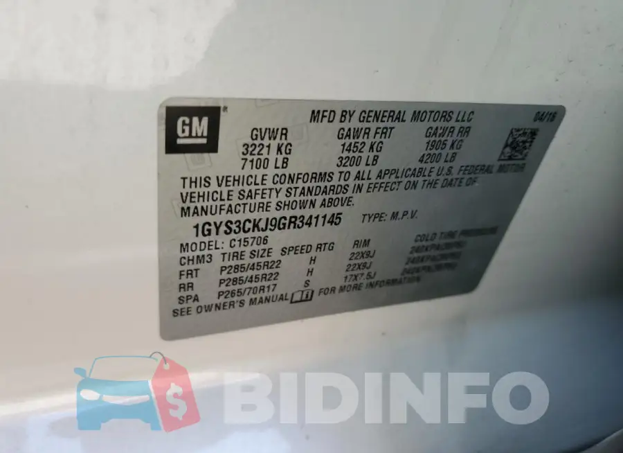 1GYS3CKJ9GR341145 Photo# 13