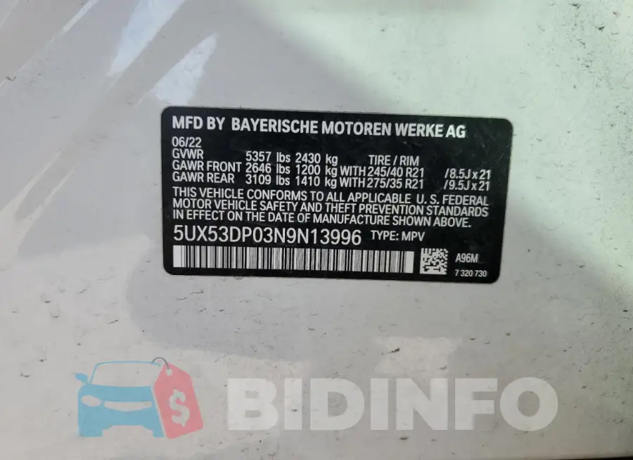 5UX53DP03N9N13996 Photo# 14