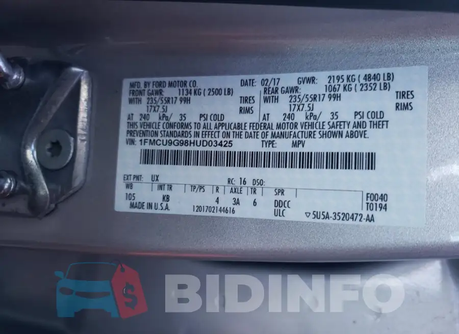 1FMCU9G98HUD03425 Photo# 13