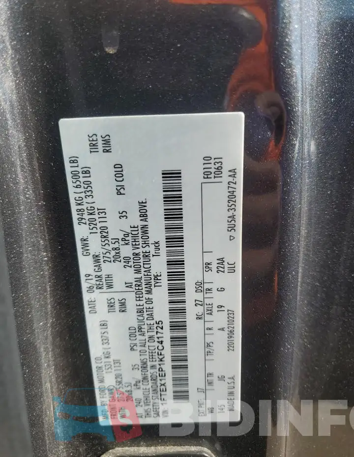 1FTEX1EP1KFC41725 Photo# 12