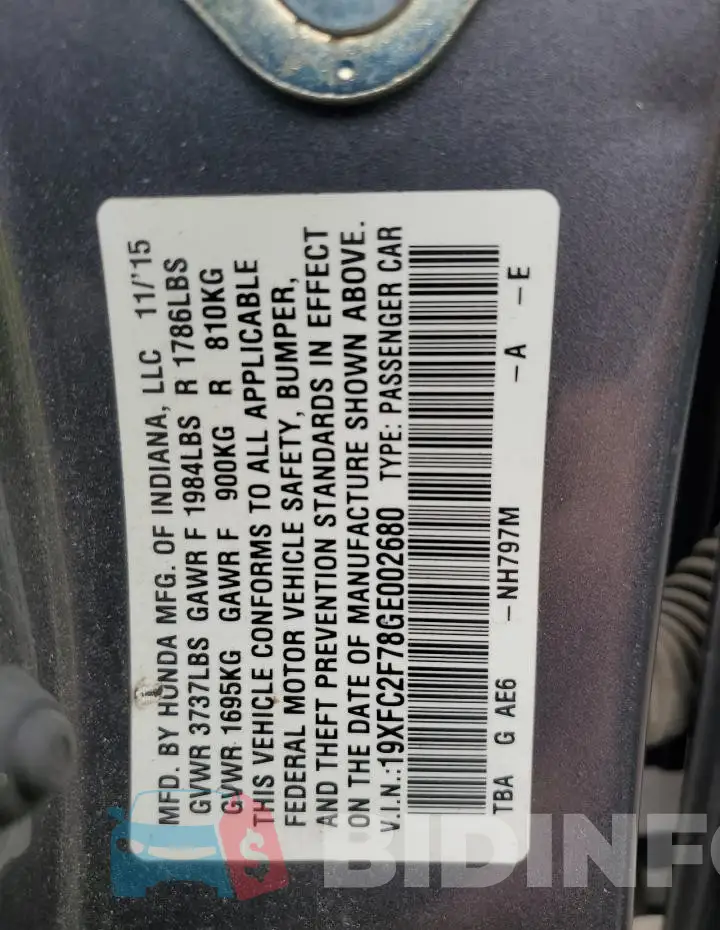 19XFC2F78GE002680 Photo# 12