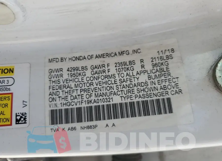 1HGCV1F19KA010321 Photo# 12