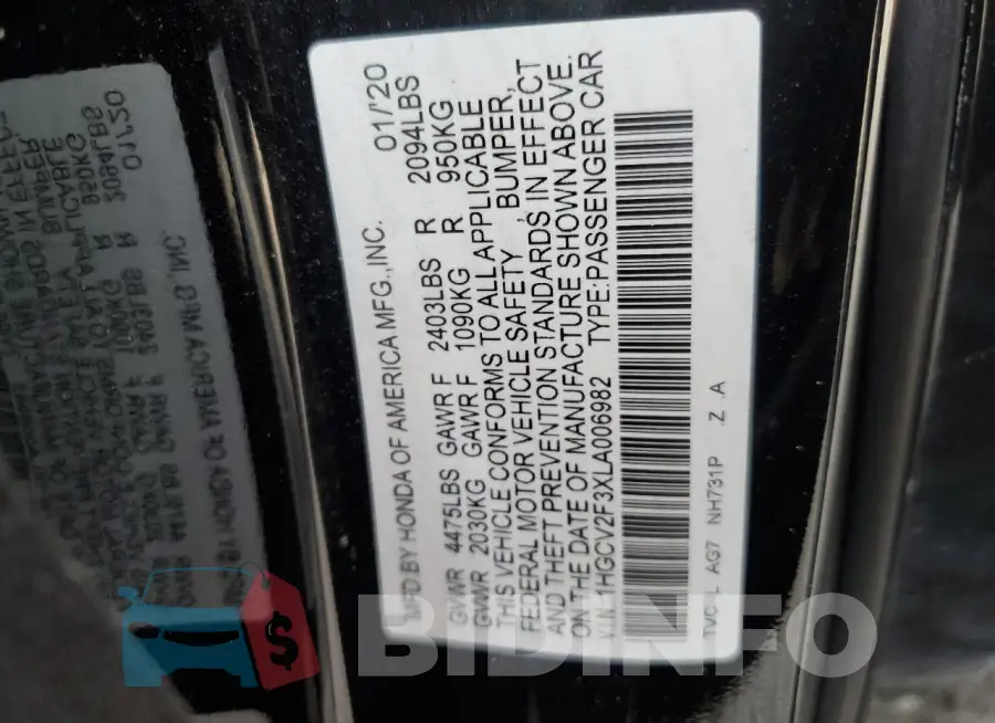1HGCV2F3XLA006982 Photo# 13